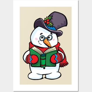 Snowman holds a book in front of him and reads with a smile Posters and Art